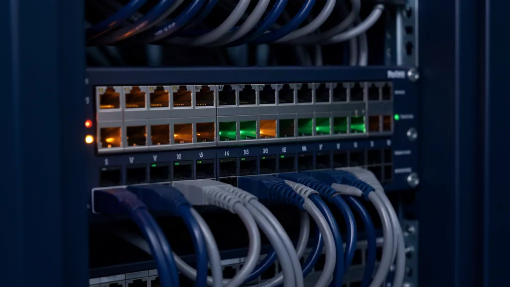 Patchpanel mit Ethernet-Ports und gebündelten Netzwerkkabeln in einem Serverschrank
